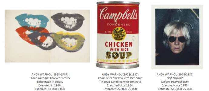 Tre delle opere di punta da oggi in catalogo per l'asta online Andy Warhol @ Christie's