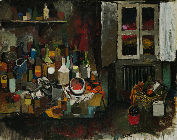 Renato Guttuso, Oggetti sul tavolo e finestra di sera, 1961. Olio su tela, cm 73x92. Valutazione: € 20.000,00 / € 30.000,00. Aggiudicato a € 68.000,00