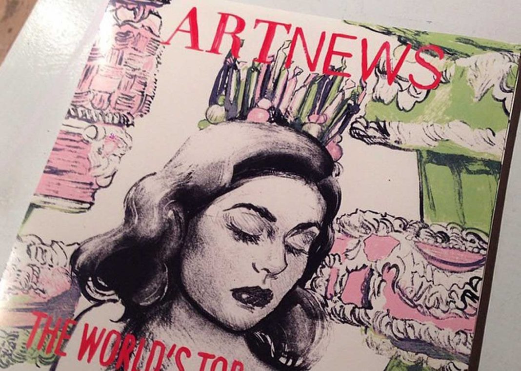 Un particolare della copertina dell'edizione estiva 2015 di ARTnews disegnata da Will Cotton per celebrare il 25° anniversatio della celebre TOP 200 Collectors