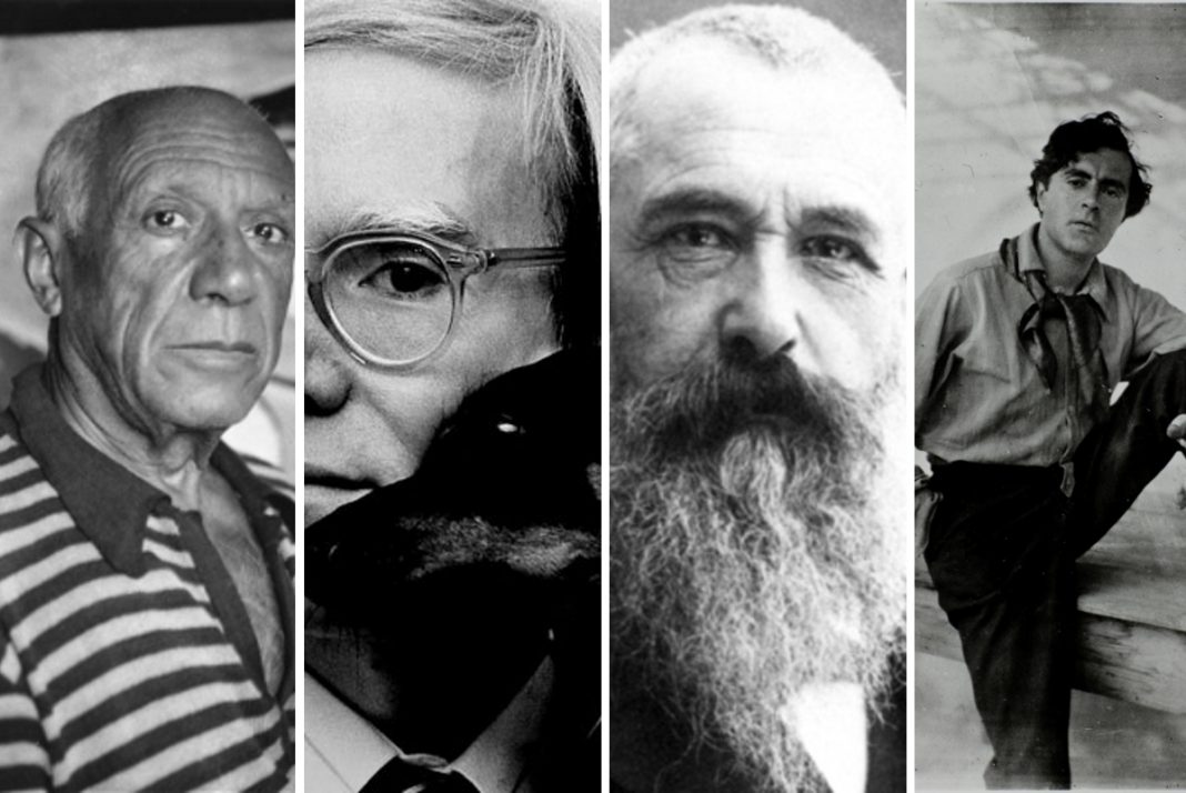 Da sinistra: Pablo Picasso, Andy Warhol, Claude Monet e Amedeo Modigliani, rispettivamente al 1°, 2°, 3° e 10° posto della Top 10 degli artisti più venduti sul mercato di fascia alta.