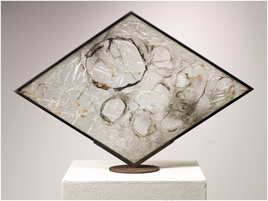 Alberto Burri, Combustione Plastica, 1967, Tecnica: plastica, combustione su telaio di ferro , cm 60x90, Stima: € 500.000-700.000. Courtesy: Sotheby's.