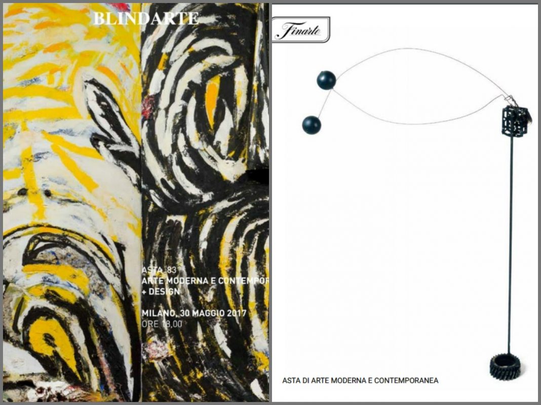 Le copertine dei cataloghi di Blindarte e Finarte. Le due case d'asta batteranno la lo asta di arte moderna e contemporanea il 30 maggio prossimo a Milano.
