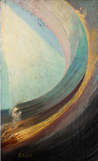 LOTTO 35 - Giacomo Balla, Scena spirituale (uomo e donna nel fluido compenetrato di luce), 1925-30 circa. Olio su tavola, cm 33,5x20,5. Stima: € 50.000 - € 70.000