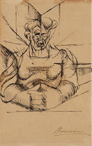 LOTTO 19 - Umberto Boccioni, Studio per Testa + casa + luce (La madre),1912. Penna su carta, cm 21,4x13,6. Stima: 17.000-20.000 euro.