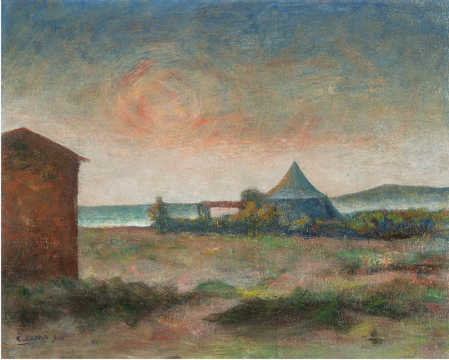 LOTTO 122 - Carlo Carrà, Paesaggio marino - La tenda sul mare, 1940. Olio su cartone telato, cm 40x50. Stima: 25.000,00 - 35.000,00€