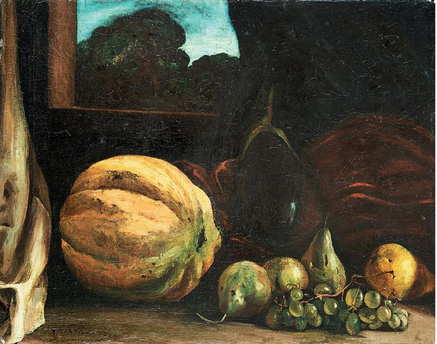 Giorgio De Chirico, Natura morta con melone, ortaggi e frutta, 1919 ca. olio su tela, cm 44x55. Quest'opera sarà battuta in asta da Finarte il prossimo 27 novembre 2017 partendo da una stima in catalogo di 120.000-180.000 euro (lotto 21).