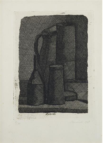LOTTO 28 - Giorgio Morandi, Natura morta con quattro oggetti, 1947 acquafore su rame, mm l 128 x a 171. Esemplare 9/90. Stima: 8.000-12.000 euro.