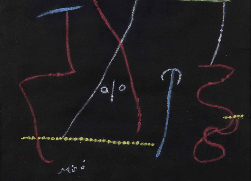 Un particolare del lotto 319 dell'asta Cambi di maggio: Joan Mirò, Composition au visage, 1955. Gessetti colorati su carta nera, cm 33x25,8. STIMA: EUR 80.000,00 - 100.000,00. Courtesy: Cambi Casa d'Aste Modifica
