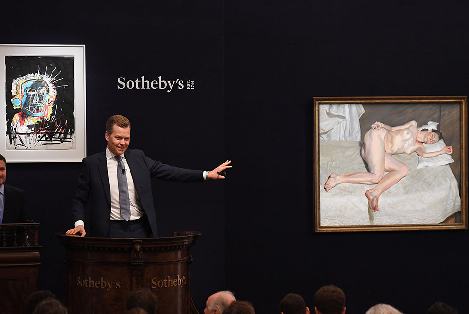 Oliver Barker fielding bids during Sotheby's Contemporary Art Evening Sale, June 2018. Courtesy Sotheby's.