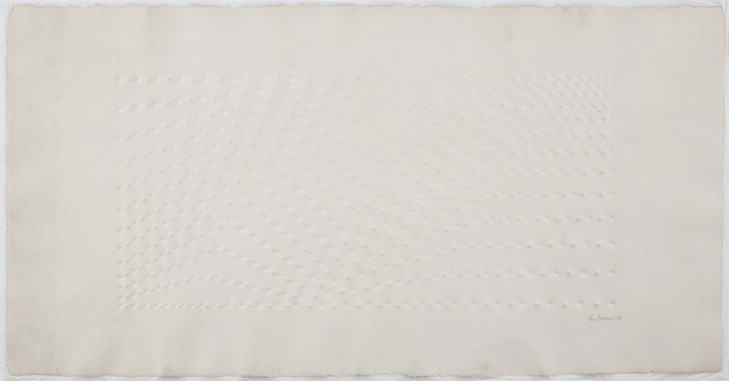 Enrico Castellani, Senza titolo, 1981. Multiplo, stampa a secco, rilievi su carta, cm 51x99. Courtesy: Martini Studio d'Arte