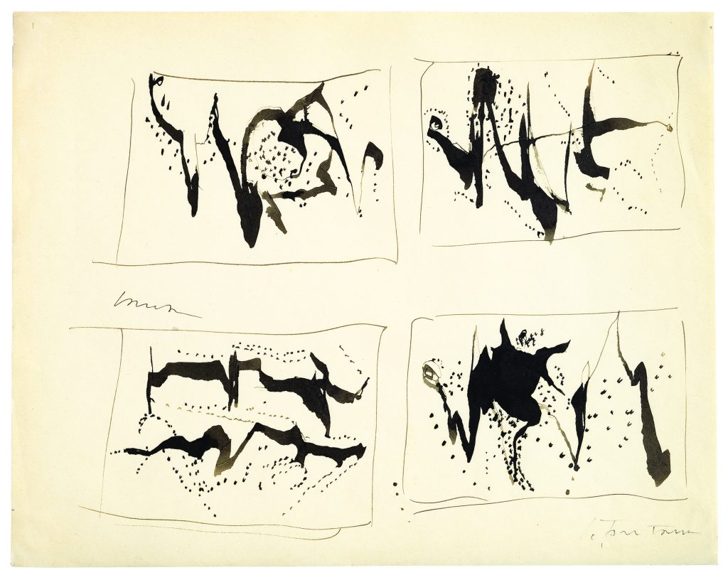 Lucio Fontana, Senza titolo, quattro studi per Concetto spaziale, 1953-1954. China su carta, 22 x 28 cm. Courtesy: Collezione Ramo
