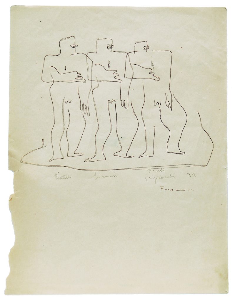 Lucio Fontana I vigliacchi (Pratelli, Sironi, Ponti), 1933 Matita grafite e inchiostro su carta, 28.9 x 22 cm. Courtesy: Collezione Ramo
