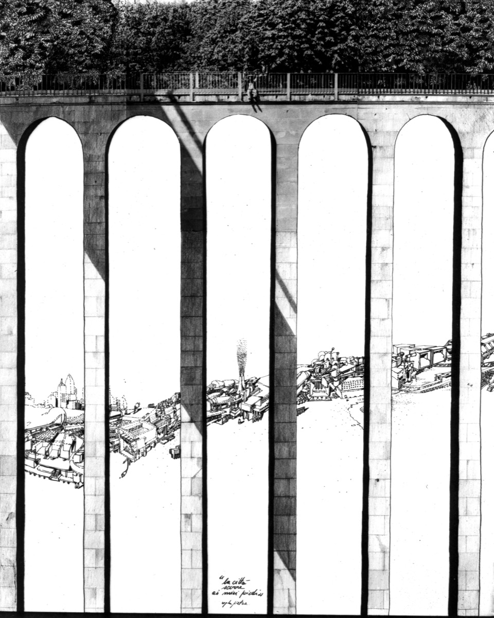 Ugo La Pietra La città scorre ai miei piedi, collage con disegno originale a penna su carta, 60x40, 1973 Courtesy Archivio Ugo La Pietra – Milano / Ca’ di Fra’ – Milano