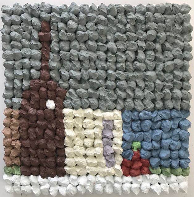 Joe Zucker, Castelvetrano, 2018, burlap, cotton, acrylic, 25x25'',63,5x63,5cm