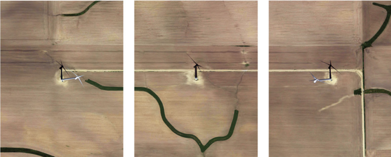 Mishka Henner, Camp Grove Wind Farm, Illinois, 2018 Three inkjet prints monunted on Dibond h. 40.7 × 31.6 cm 1 di 3 + 2 P.A. Courtesy: Tosetti Value