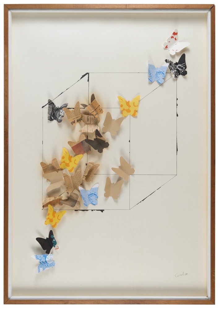 LOTTO 197 - MARIO CEROLI - Le farfalle nella scatola, 1969. Collage di carta su base litografica, cm. 98 x 68