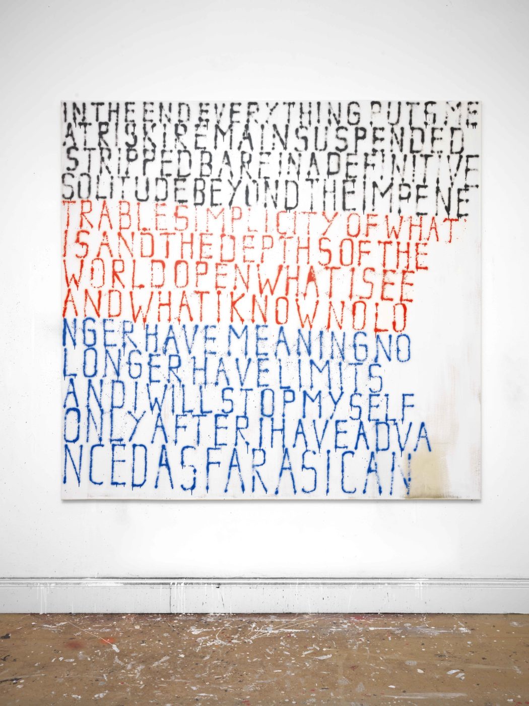 Fabian Herkenhoener, Untitled (everything puts me at risk), 2018, polvere, legante acrilico, vernice, vernice spray su tela, 180 × 190 cm