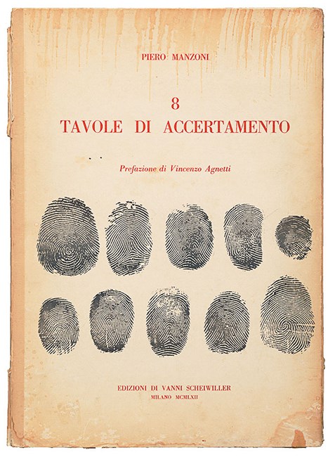 Piero Manzoni, 8 tavole di accertamento, 1962. Portfolio con 8 litografie edito da Edizioni Vanni Sheiwiller.