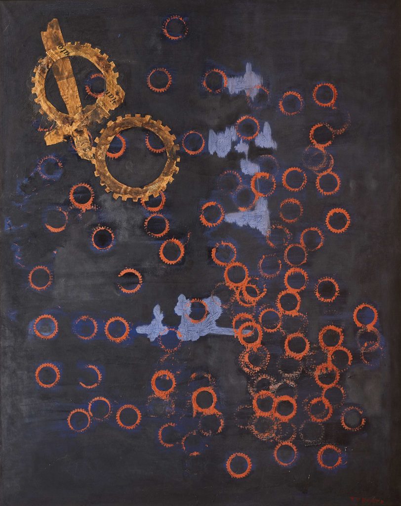 LOTTO 50 - GIULIO TURCATO, Composizione con ingranaggi, 1962. Olio su tela e collage, cm 150x120. STIMA: € 35.000-65.000