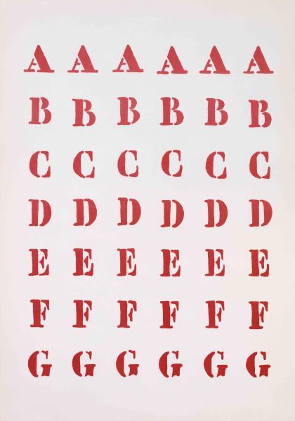Piero Mazoni, 8 tavole di accertamento, tavola II [Alfabeto rosso], 1962. Litografia, cm 50x36.