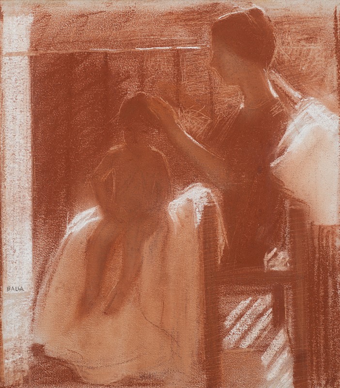 LOTTO 30 - GIACOMO BALLA, Elisa e Luce sul balcone, 1907. Sanguigna su carta, cm 24,5x21,5. STIMA: EUR 40.000,00 / 50.000,00