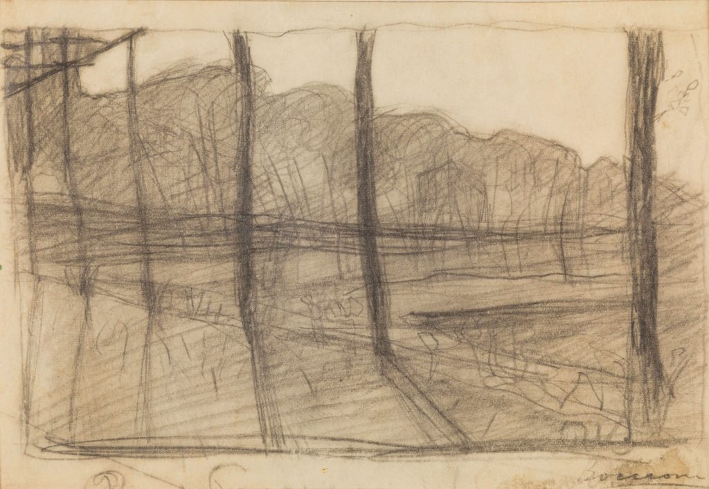 LOTTO 221 - Umberto Boccioni, Studio per Campagna Lombarda, 1908. Matita su carta, cm 10,8x15,9. Stima: EUR 8.000,00 - 12.000,00