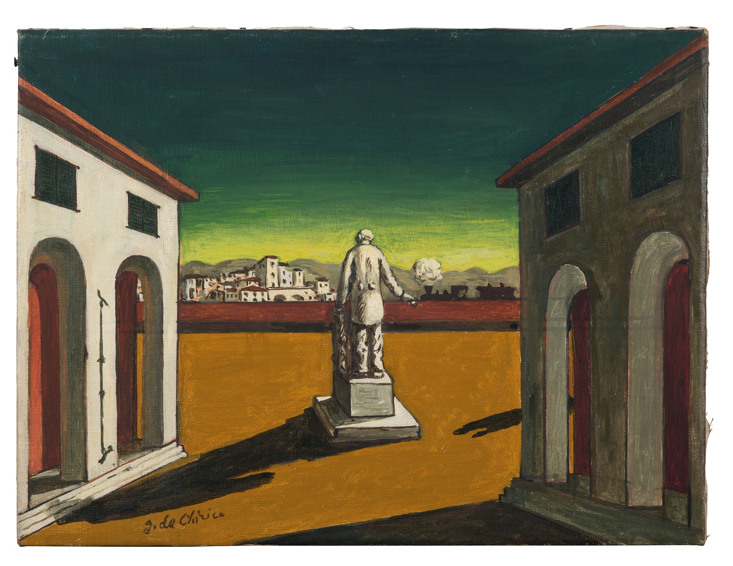 LOTTO  231 - Giorgio De Chirico, Piazza d'Italia, fine anni ‘50. Olio su tela, cm 30x40. Stima: EUR 90.000,00 - 120.000,00