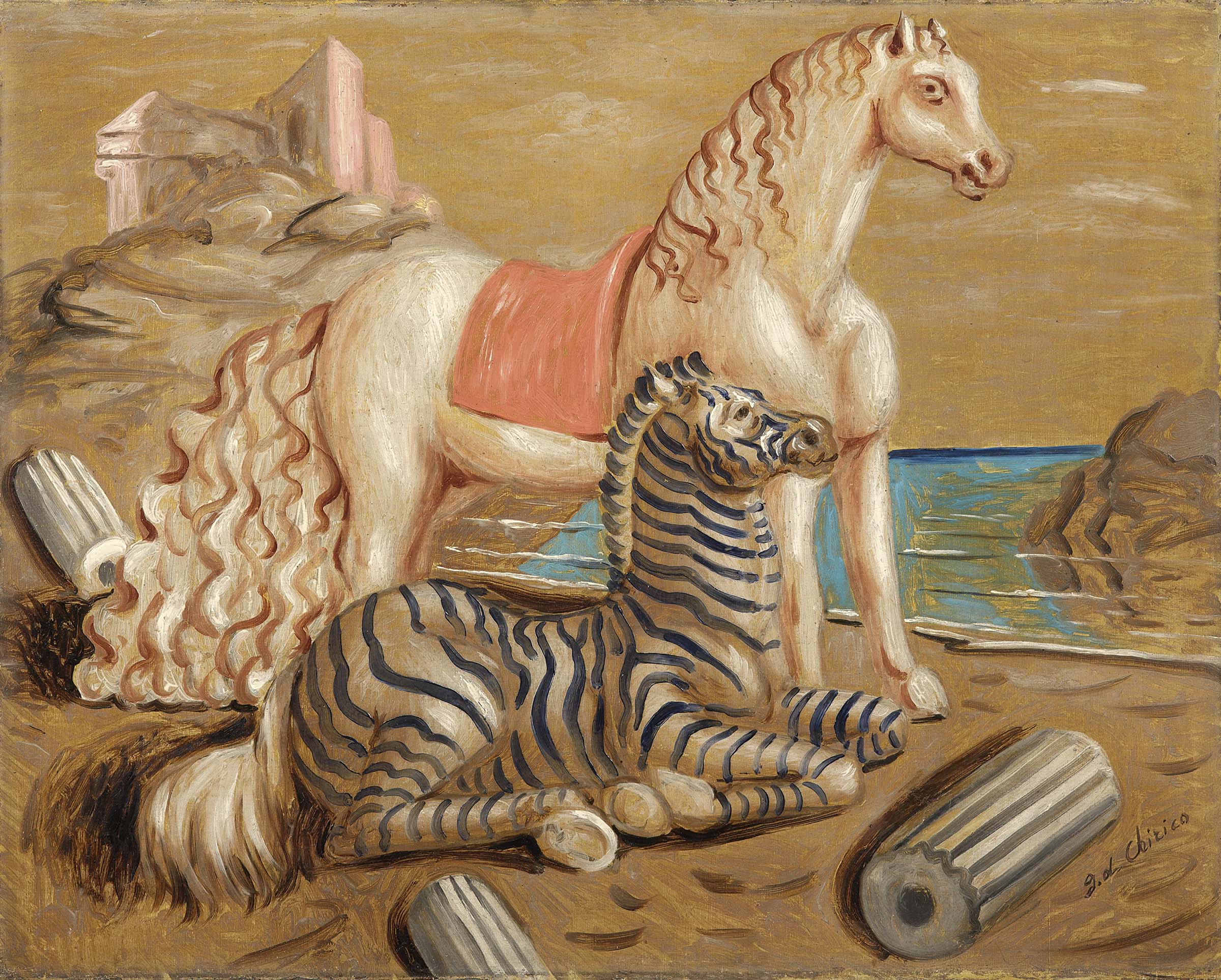 LOTTO 651 - Giorgio De Chirico, Cavallo e Zebra in riva al mare, 1930 ca. Olio su tela, cm. 73,5x91,7. STIMA € 350.000 / 450.000