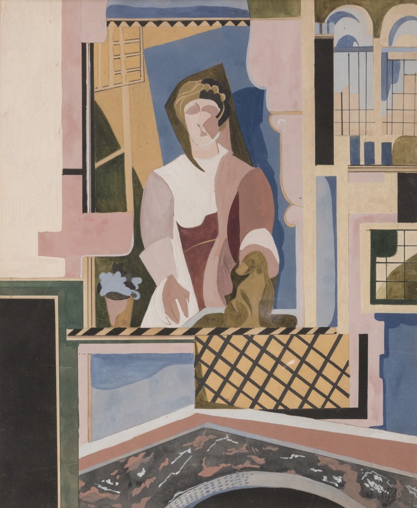LOTTO 19 - ALEKSANDRA EXTER, Femme à la fenetre et chien, 1927 ca. Gouache su carta, cm. 46 x 38