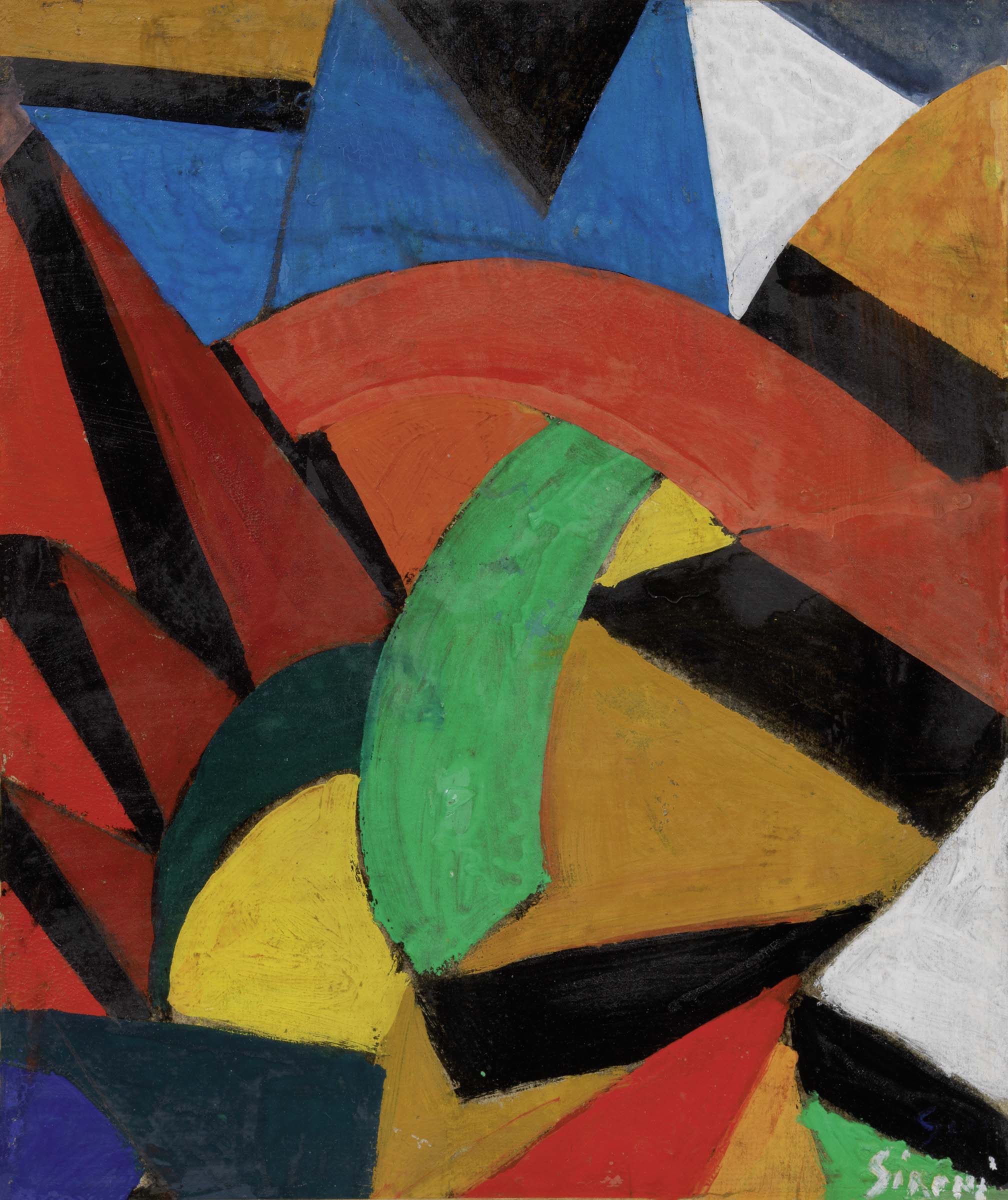 LOTTO 621 - Mario Sironi, Composizione Futurista, 1915 ca.Tempera, olio e matita grassa su carta applicata su tela, cm. 28x23,7. STIMA € 40.000 / 60.000