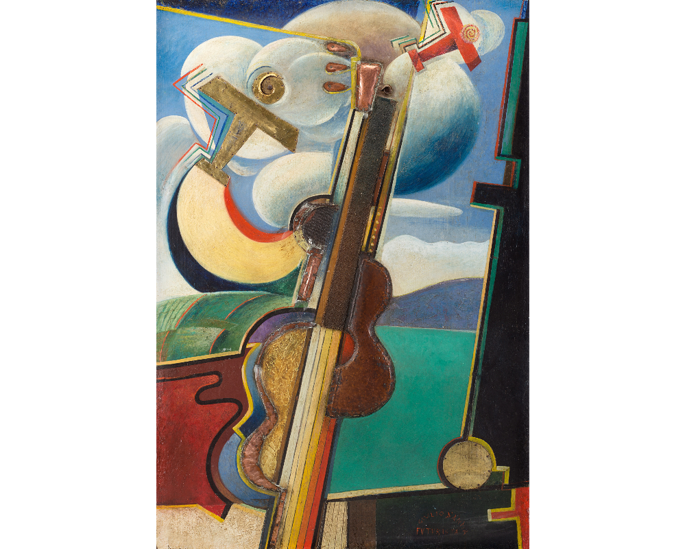 Lotto 12 - GIULIO D'ANNA, La finestra del musicista, 1929. Olio, assemblage di metallo, stoffa e legno su tavola, cm 104x71