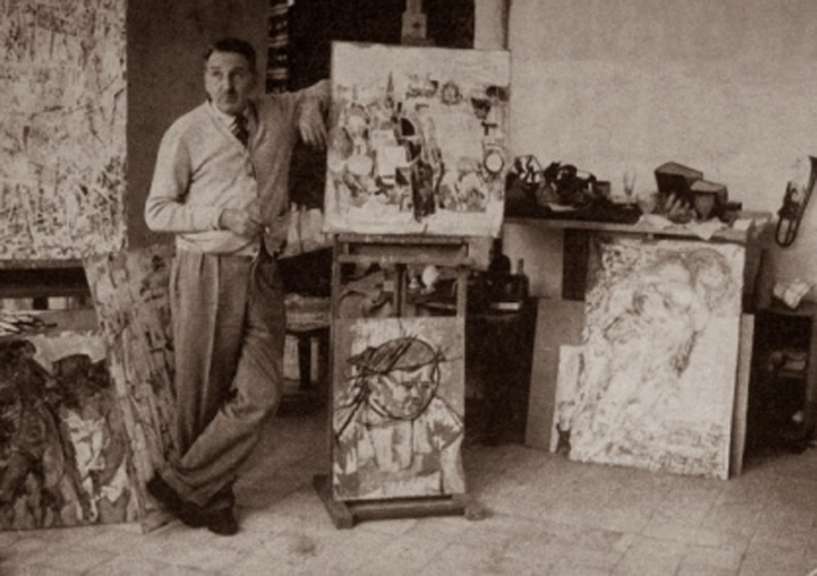 Fausto Pirandello nel suo studio in via degli Scialoja (1956 circa)